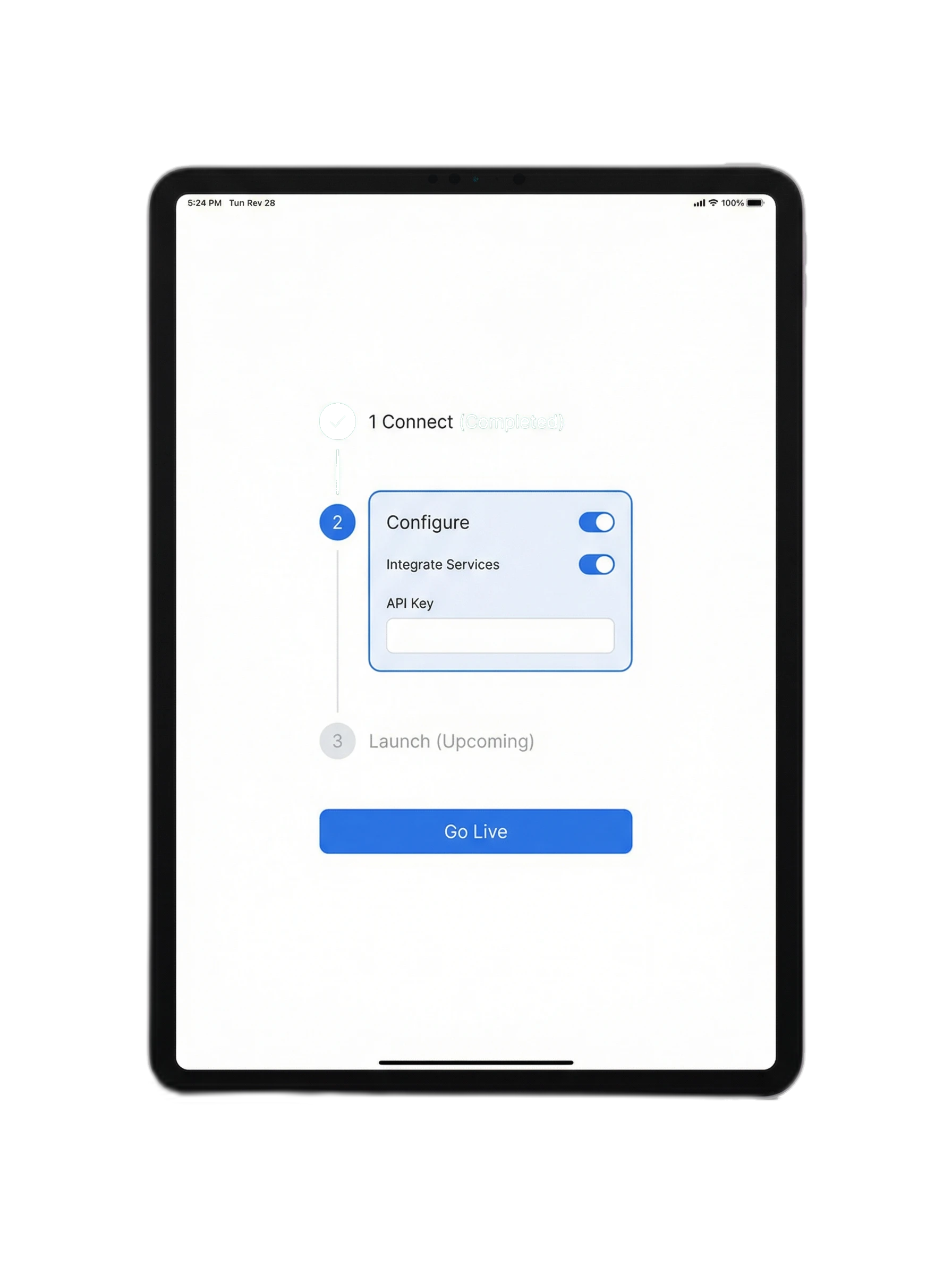 Quick setup wizard on iPad — Connect, Configure, Launch