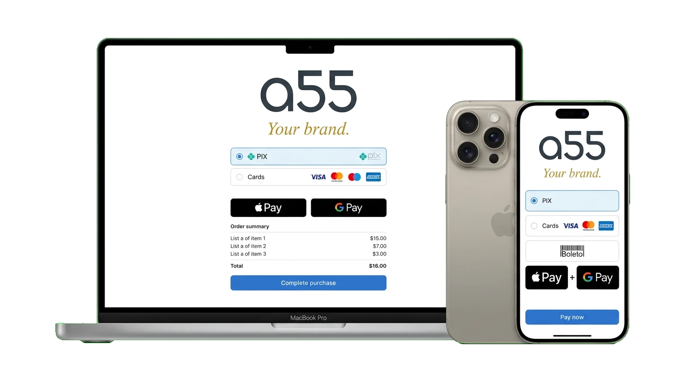 a55 checkout displayed on MacBook and iPhone showing multi-device support