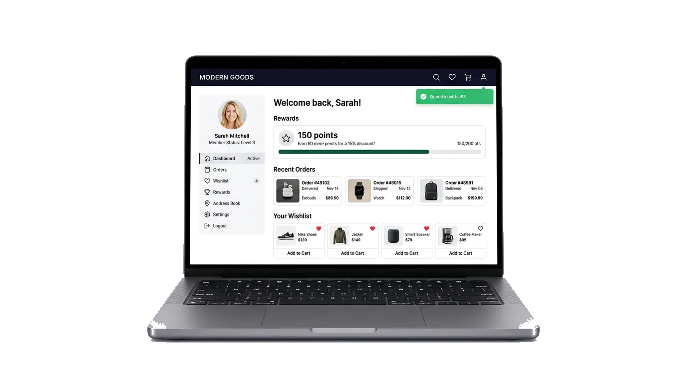 My Account dashboard with rewards, orders, and wishlists intact