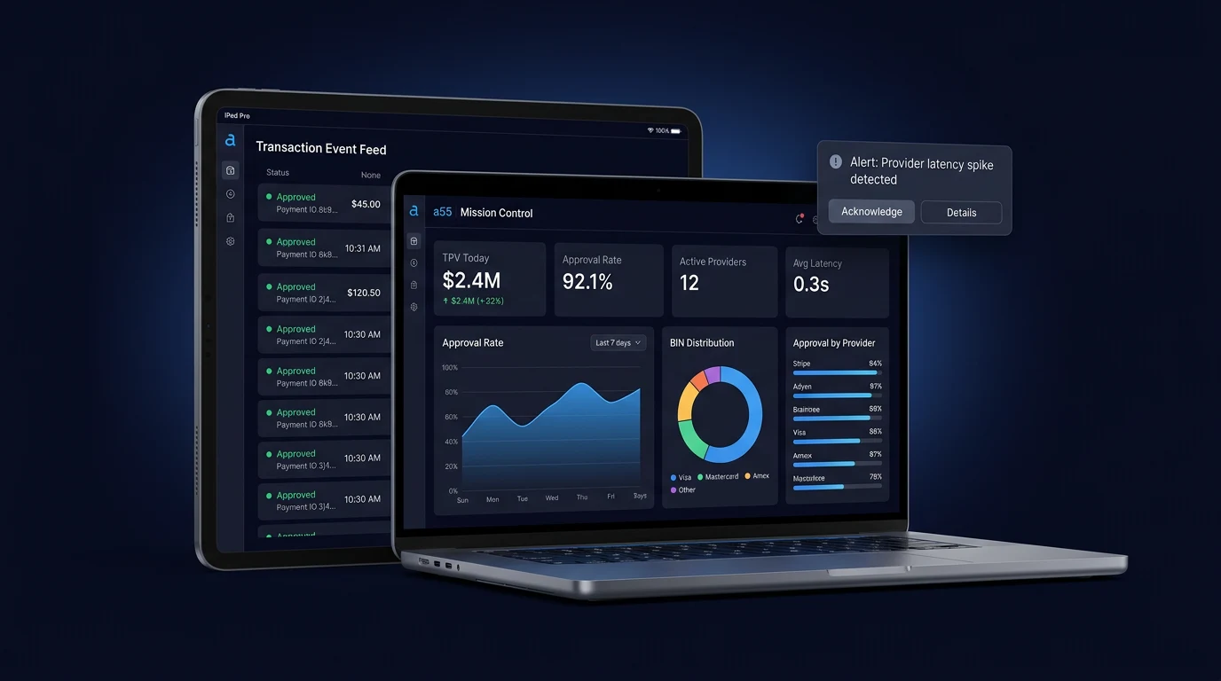 Mission Control dashboard with TPV, approval rates, and provider analytics