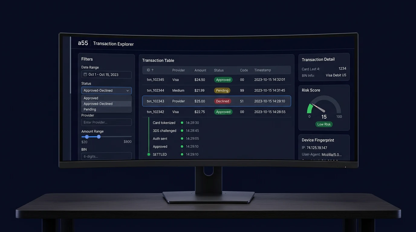 Transaction Explorer with search filters, timeline, and risk scoring